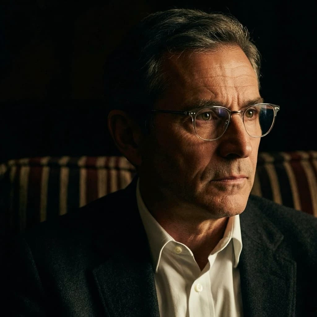 A sharply lit portrait of a middle-aged man wearing thin-rimmed glasses and a dark jacket over a white collared shirt. He gazes intently to the side, his face half illuminated by warm light while the background recedes into deep shadow. The expression is thoughtful, almost wary, as if caught mid-conversation. Behind him, a striped cushion in muted reds and blacks adds subtle texture, contrasting with the crisp highlights on his forehead and glasses. The overall mood is contemplative and cinematic, balancing warmth with tension.