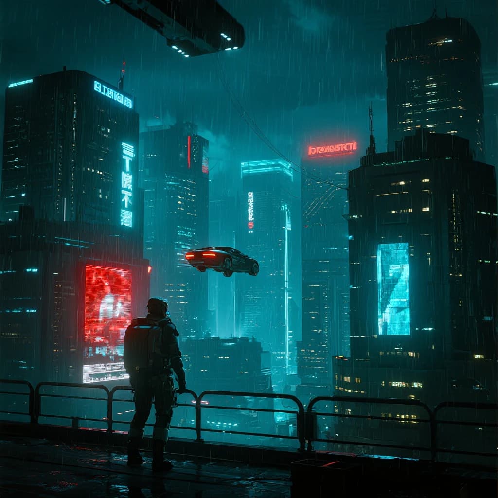 Rain-soaked neon megacity at night, flying taxis weave between glass towers, giant holograms flicker; a lone courier in a matte exosuit, somewhat cinematic wide angle.