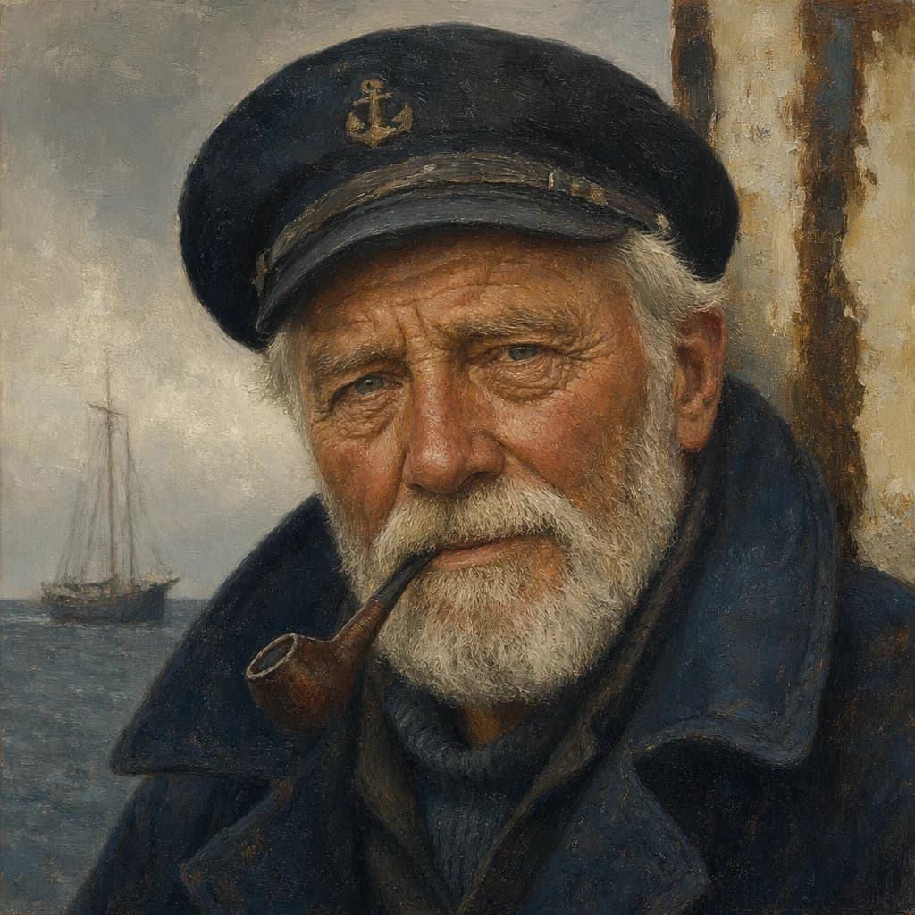 Oil on canvas portrait of an elderly sailor, weathered face, soft light.