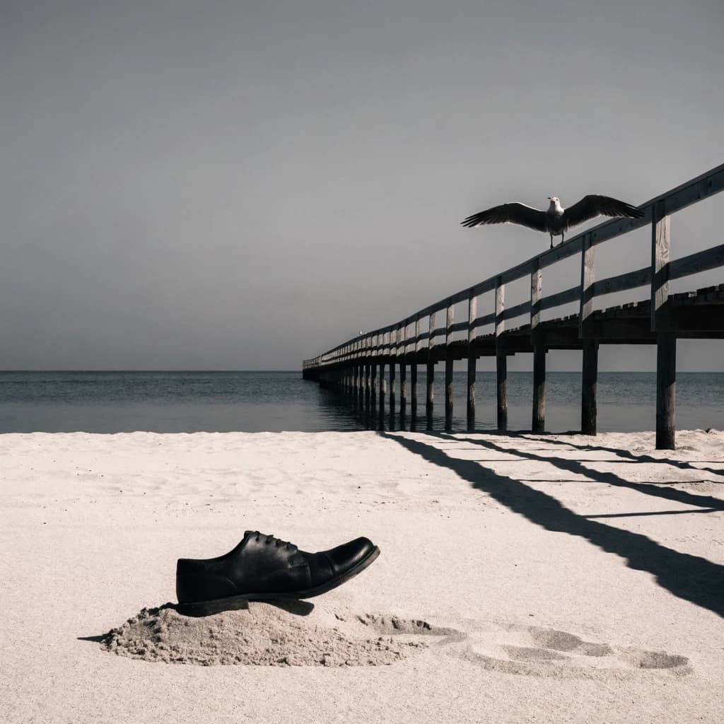 The beach is flat, sand beige, granular, no shells, except for a single left shoe, black leather, size eleven, half buried at an angle. The pier extends straight into the water, wood untreated, grain visible, though the support posts vanish before they touch the surface. The sky is uniformly gray, no clouds, yet shadows stretch at sharp diagonals. A single gull sits on the railing, wings outstretched, frozen mid-flap, no movement.