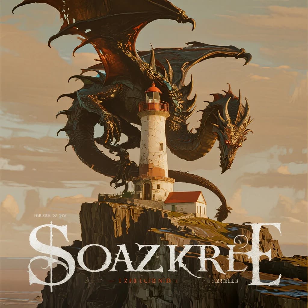 Let's do a sepia pulp cover where a dragon coils around a cliffside lighthouse.