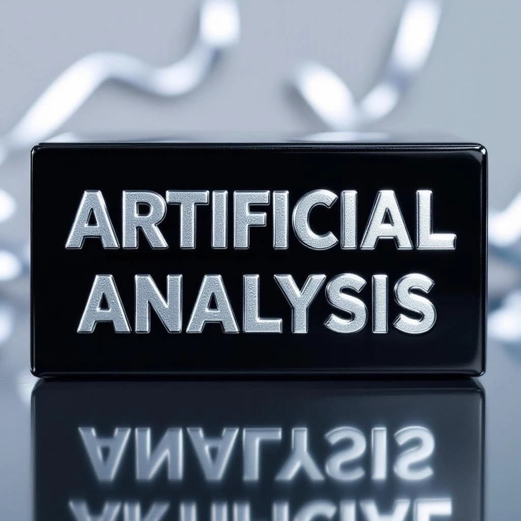 On the black box, silver foil embossing, centered: "Artificial Analysis" in Comic Sans Small Caps, perfectly justified. The letters are crisp, but the “Y” is duplicated faintly, ghosting right. On the box’s reflection, the word order is inverted: ARTIFICIAL ANALYSIS.