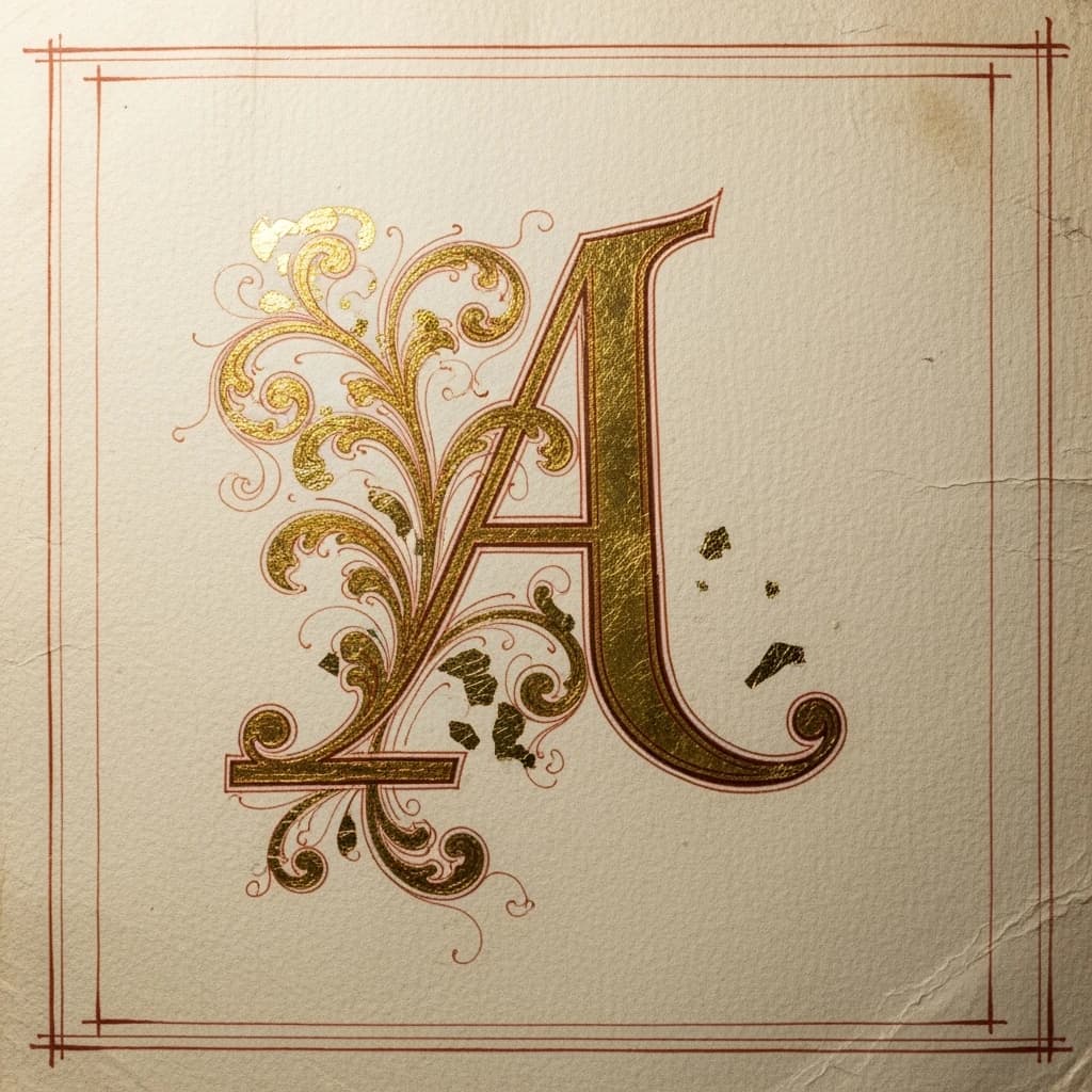 Illuminated letter A on vellum, gold leaf, a bit uneven flourishes.