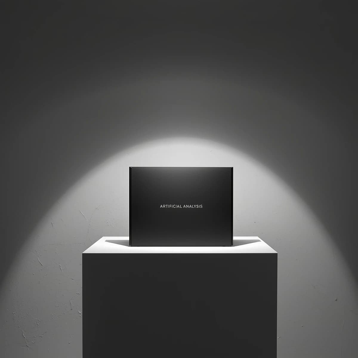 A premium matte black laptop-sized box rests on a pure white pedestal within a gallery space. Overhead, a single spotlight carves sharp contrast, leaving the edges in deep shadow. The brand name Artificial Analysis is embossed in silver foil, glinting faintly as though it were jewelry.