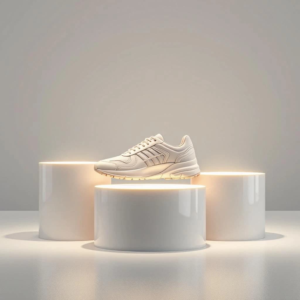 Make a polished 3D ad render: sneakers on glossy plinths, rim lighting.
