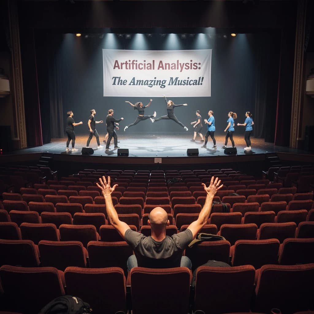 The musical troupe do a rehearsal in a large, empty theatre. 9 people are on the stage, half wear black and the others wear blue. The skinny bald director, seated in the second row, is practically leaping out of their seat with excitement as the leads nail their aerial. A giant banner reading "Artificial Analysis: The Amazing Musical!" is behind the actors.