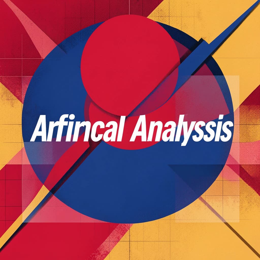 A bold poster composition dominated by flat geometric shapes in crimson, cobalt, and ochre. Overlapping circles and sharp diagonal lines create dynamic tension across the frame. A single sans-serif word — Artificial Analysis — stretches across the center in stark white, distorted slightly as though caught mid-glitch. The background is textured with halftone dots and faint grid lines, while subtle overlays of translucent rectangles suggest depth. Designed in the spirit of modernist Swiss typography fused with digital glitch aesthetics.