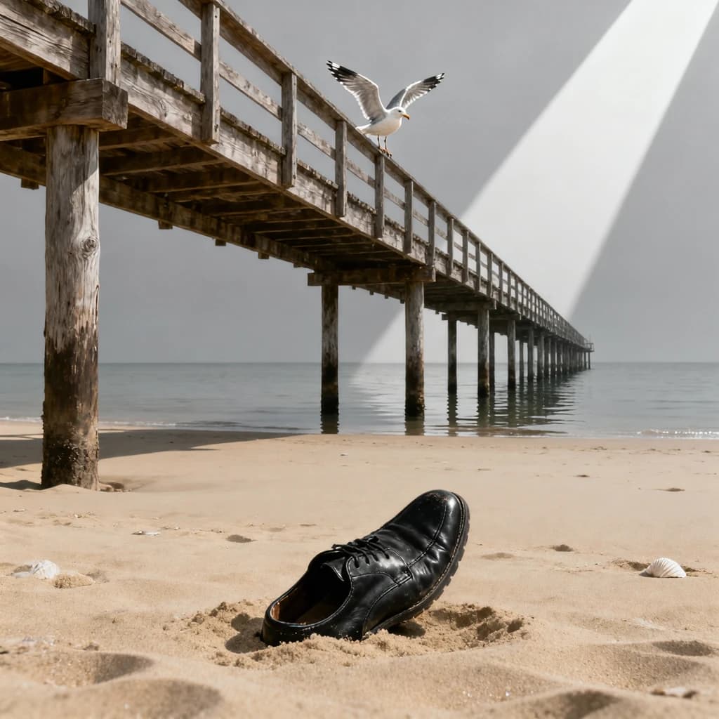 The beach is flat, sand beige, granular, no shells, except for a single left shoe, black leather, size eleven, half buried at an angle. The pier extends straight into the water, wood untreated, grain visible, though the support posts vanish before they touch the surface. The sky is uniformly gray, no clouds, yet shadows stretch at sharp diagonals. A single gull sits on the railing, wings outstretched, frozen mid-flap, no movement.
