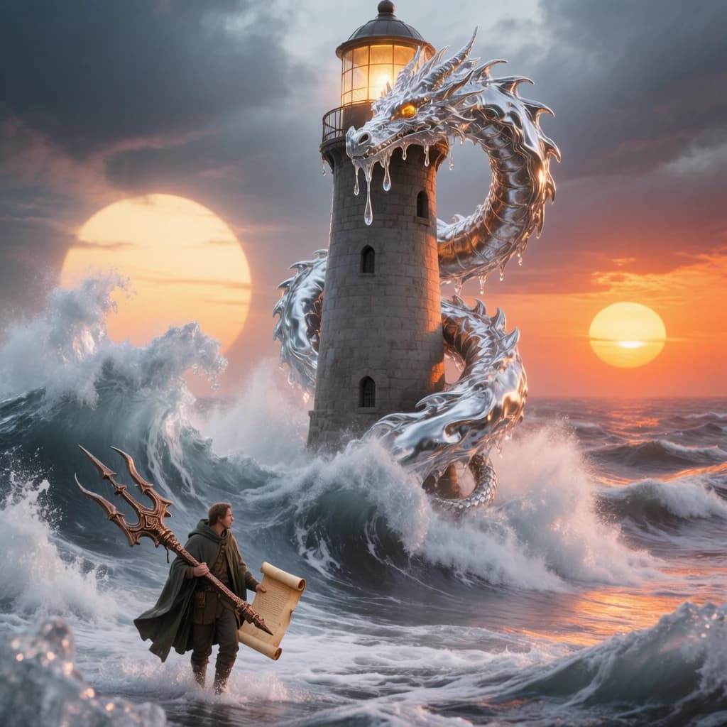 A dragon of molten silver coils around a lighthouse. The storming sea below crashes upward in frozen stillness, as though caught mid-motion. The dragon’s molten eyes drip tears of ice. On the horizon, two suns set next to each other, casting orange light on one side of the tower and blue on the other. A cloaked traveler carries an ancient weapon in his left hand and a scroll in his right.