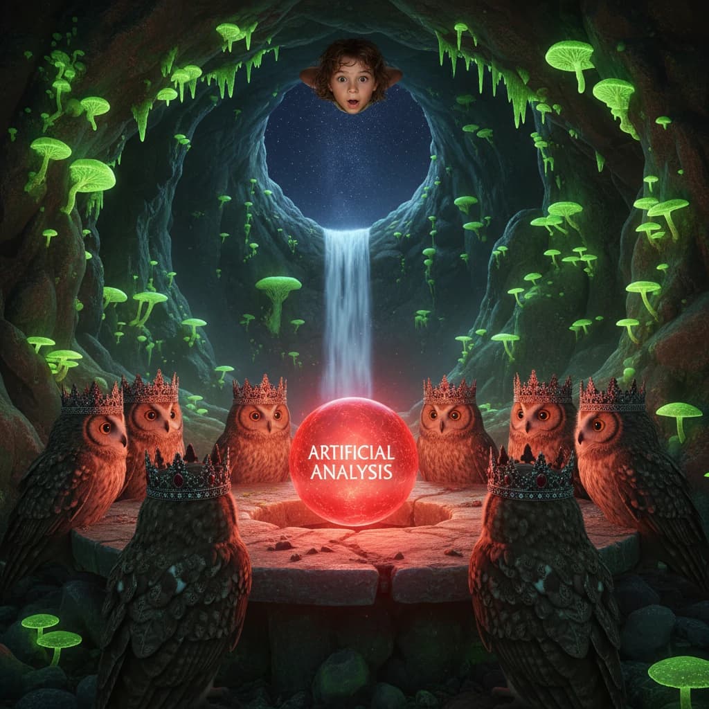 In a cavern lined with bioluminescent fungi glowing lime green, the council of owls wear jeweled crowns that glimmer with rubies, their wings folded behind their backs. Dust coats the stone table, a glowing orb inscribed with “Artificial Analysis” hovers above the table illuminating the owls with its red pulsating light. Behind them, a waterfall falls upward into a ceiling that opens onto stars - a child looks down in wonder from above at what he has stumbled across.