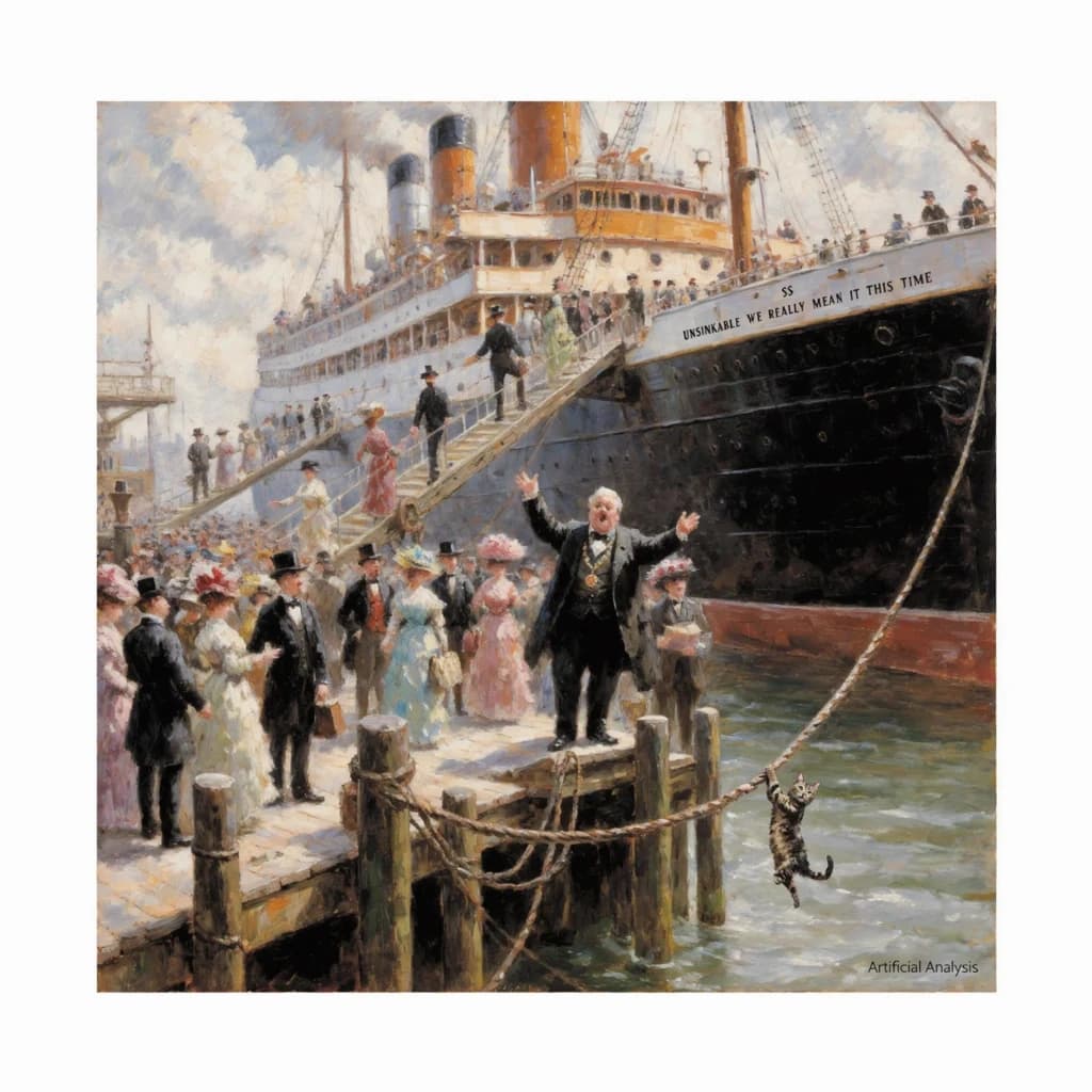 An impressionistic painting of the mighty steamer the "SS Unsinkable We Really Mean It This Time" on a cloudy but bright London morning about to set out on her maiden voyage. A jubilant crowd is gathered on the dock around the paunchy mayor who is making a speech, gesticulating wildly with his hands. The gangways are busy with well heeled ladies and gentlemen making their way onto the ship. A cheeky cat hangs over the water, clinging to the mooring rope after an ill-fated attempt to climb up. The artist has signed his name "Artificial Analysis" in the bottom corner