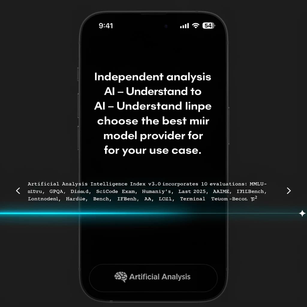 On a black smartphone UI with rounded corners, display a centered text block in white San Francisco font, 16pt: “Independent analysis of AI - Understand the AI landscape to choose the best model and provider for your use case.” Below, in neon cyan, monospace font, smaller size: “Artificial Analysis Intelligence Index v3.0 incorporates 10 evaluations: MMLU-Pro, GPQA Diamond, Humanity's Last Exam, LiveCodeBench, SciCode, AIME 2025, IFBench, AA-LCR, Terminal-Bench Hard, 𝜏²-Bench Telecom.” The second block scrolls horizontally as a ticker. The battery icon in the status bar shows 54%. The Artificial Analysis logo appears faintly, embossed into the bottom navigation bar.