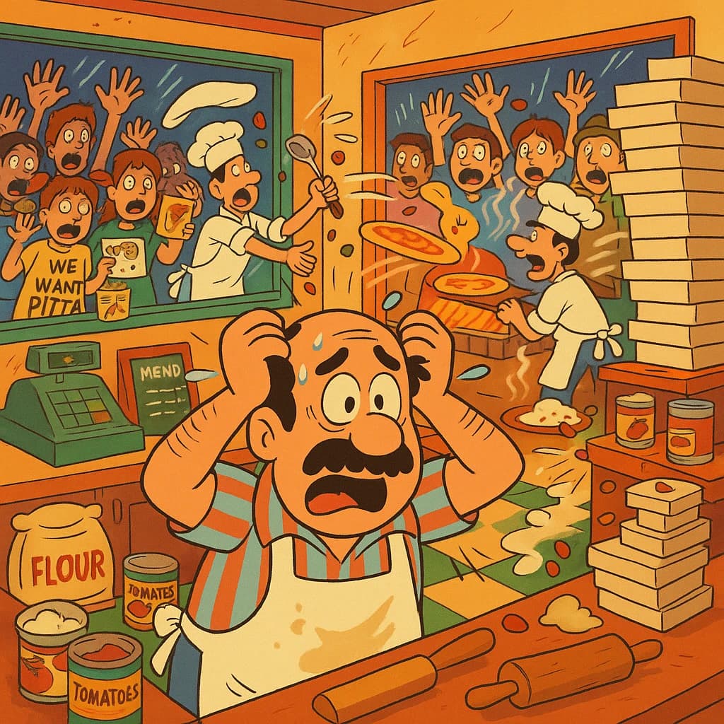 Pasquale is pulling his few remaining hairs out over a disaster at the pizzeria - the cooks are working as fast as they can but the crowds outside are swelling and they demand hot hot pizza! They are banging on the glass and some are wearing "we want pizza" shirts. 1980s western TV animation style.