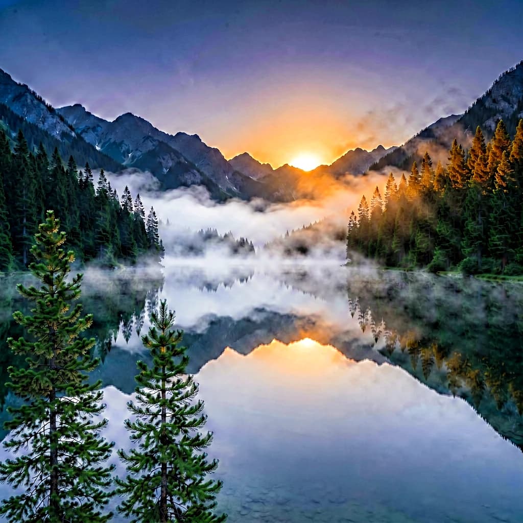 I want a photo of a misty alpine lake at dawn, pines, glassy water, warm light.
