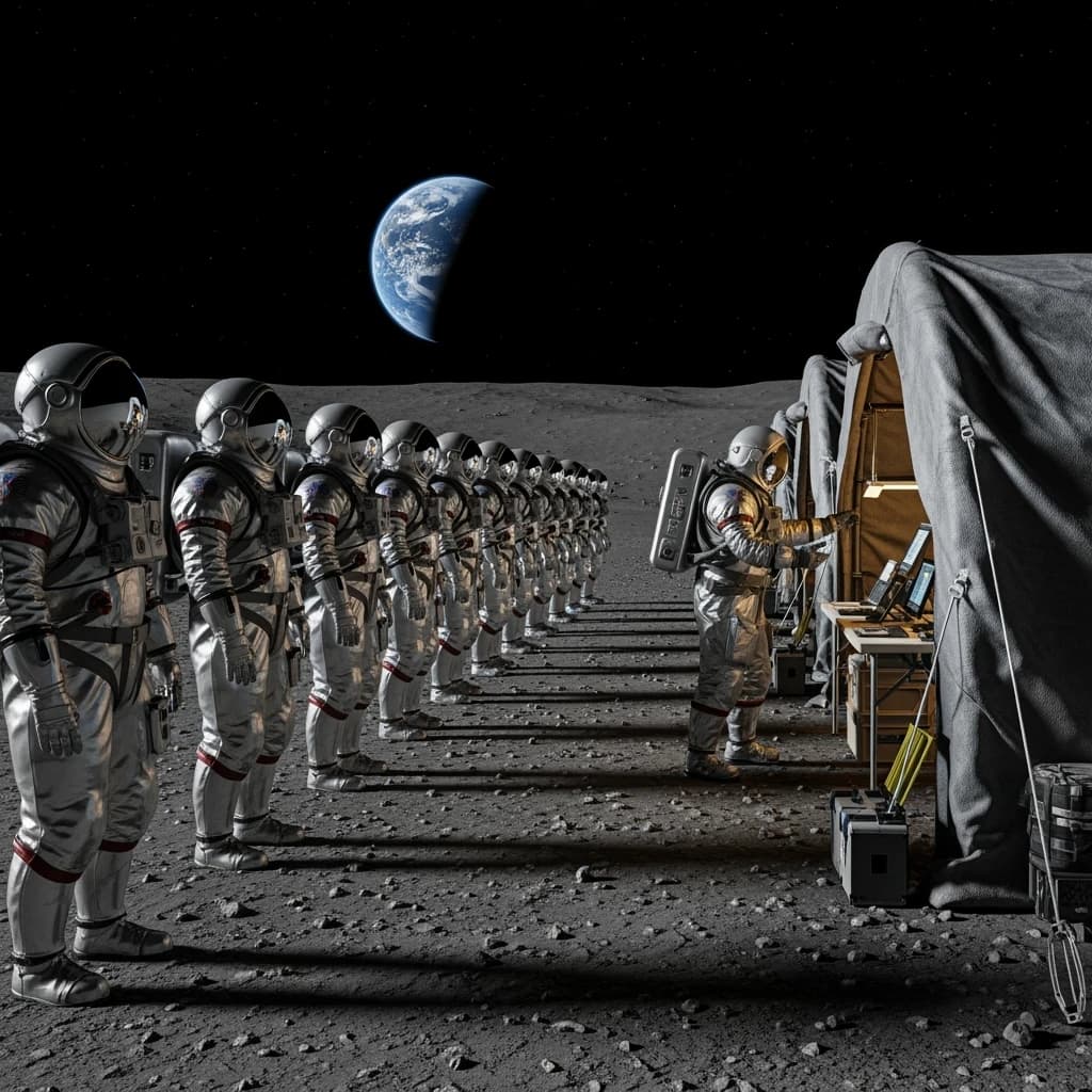 Silver exosuits queue at a dusty lunar checkpoint.