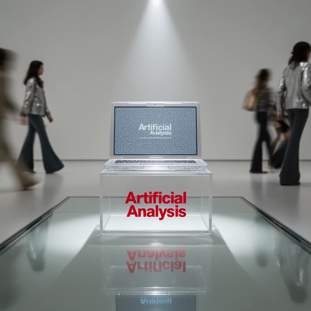 In a spotless gallery space, a pedestal supports a transparent laptop whose screen flickers between static and pristine brand imagery. Shoppers blur past in designer clothes that appear slightly outdated - bell bottoms, metallic jackets. The embossed logo “Artificial Analysis” glints silver, yet its reflection in the glass floor reads in crimson letters. A single spotlight shines, though shadows fall in two directions.