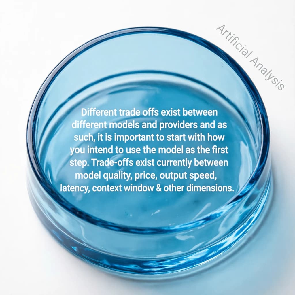 In a clear transparent blue glassy rounded box, etch "Different trade offs exist between different models and providers and as such, it is important to start with how you intend to use the model as the first step. Trade-offs exist currently between model quality, price, output speed, latency, context window & other dimensions. " in sans serif medium weight text. Artificial Analysis is watermarked over the top right 