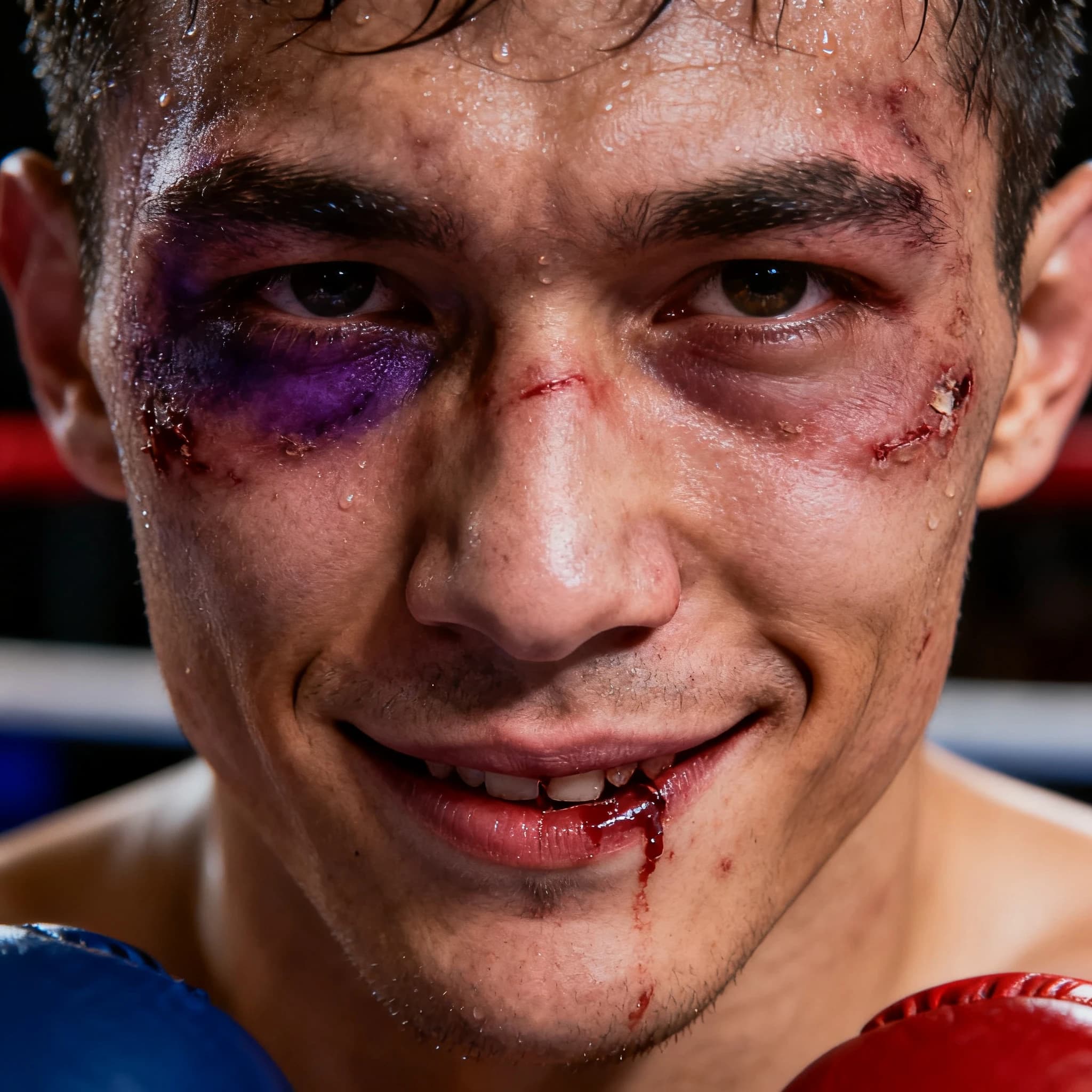Paint a bruised boxer smiling, serious expression.