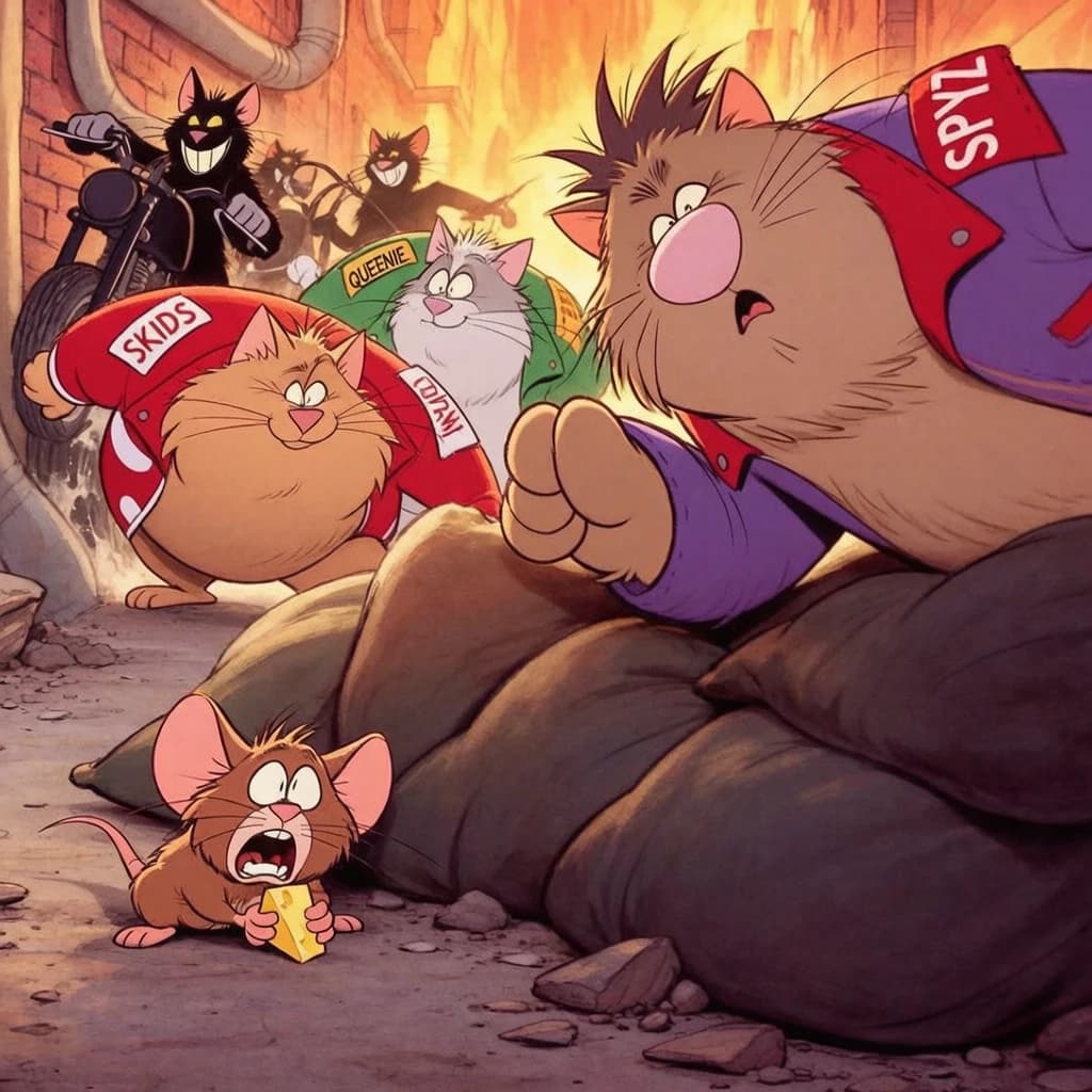 The cartoon rat clenches his thin wedge of cheese and trembles in fear as he hides from the menacing Jellicles, the roaming cat motorcycle gang, all wearing their colors with the name on the back. The cats have all drunk far too much milk and are causing a big ruckus! One cat is close to finding the rat