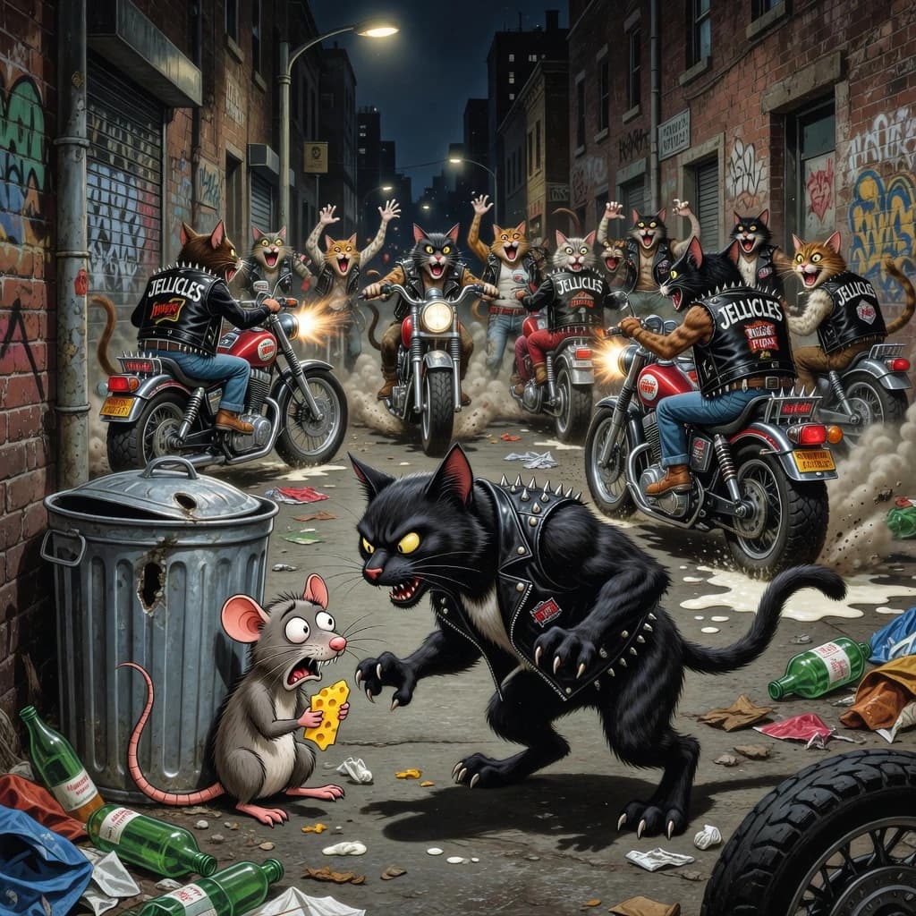 The cartoon rat clenches his thin wedge of cheese and trembles in fear as he hides from the menacing Jellicles, the roaming cat motorcycle gang, all wearing their colors with the name on the back. The cats have all drunk far too much milk and are causing a big ruckus! One cat is close to finding the rat
