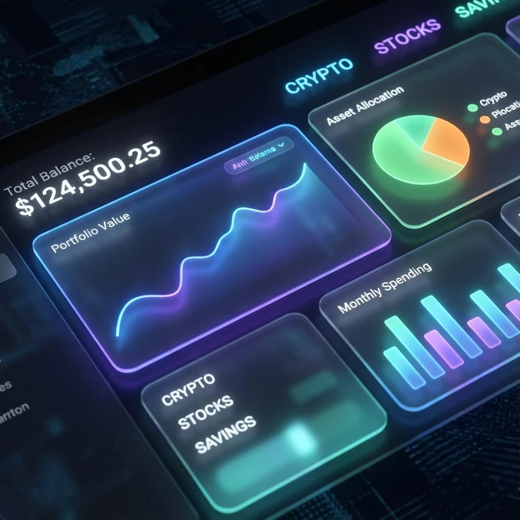Make a dark mode finance dashboard with charts, glassmorphism, soft neon glow.