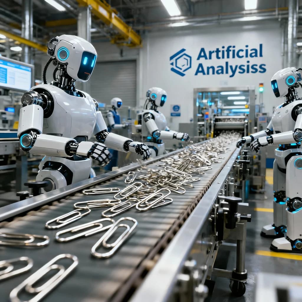 Close up point of view perspective on a conveyor belt pumping out paperclips at a maddening pace. The high tech factory has Artificial Analysis printed proudly on the wall. Robot staff look approvingly over the robust output.