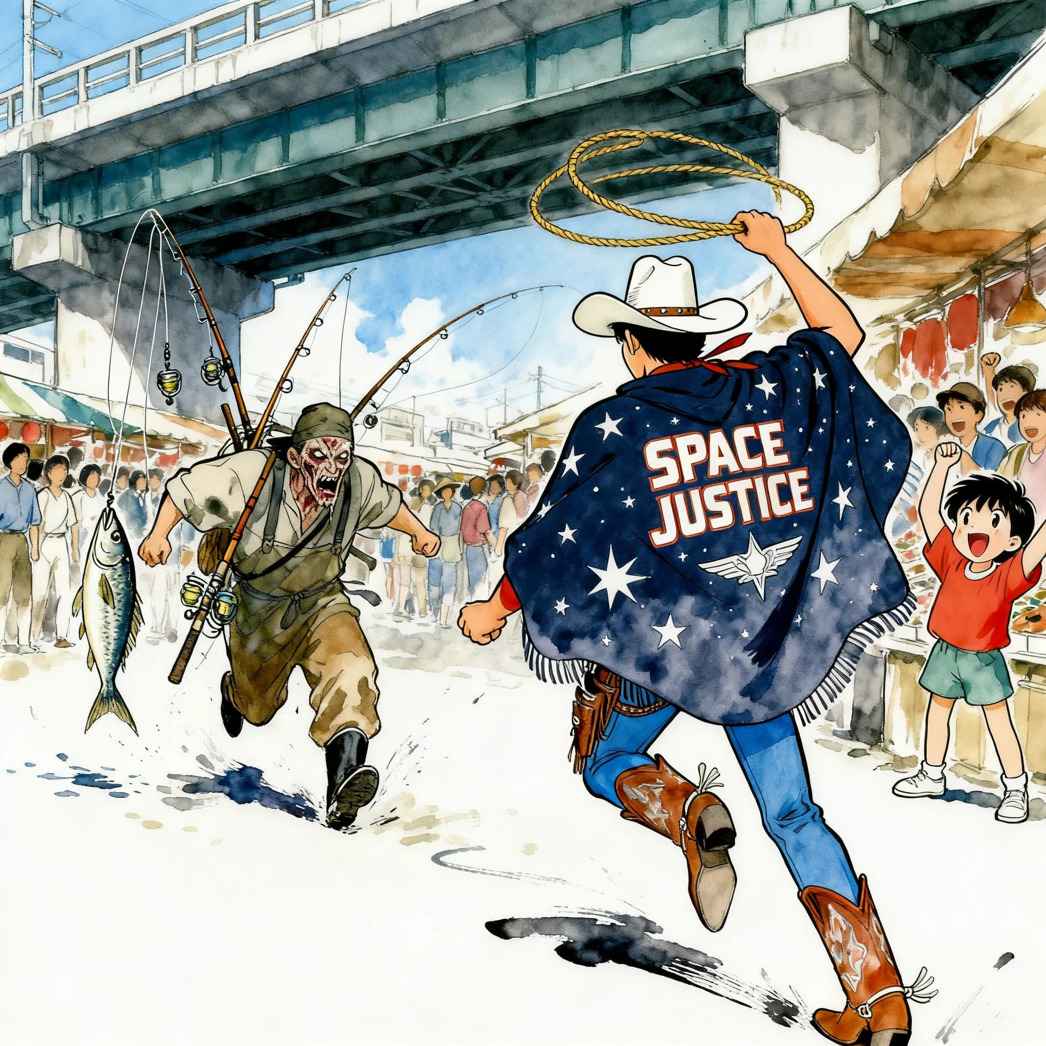 The space cowboy chases the deranged fisherman underneath the causeway, eager to collect on his bounty. Fishing rods and lines hang off the back off the fishermen as he darts between the bustling market crowd. We see the back of the space cowboy in his space poncho emblazoned with the words SPACE JUSTICE, spinning his lasso over his head. A child on the sidelines excitedly cheers the cowboy. 1990s hand drawn anime style with strong fluidity