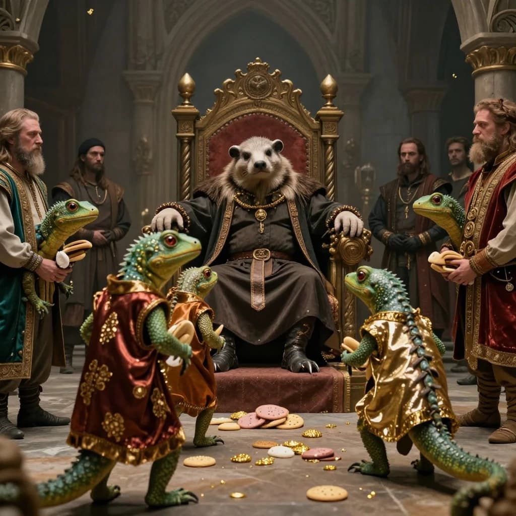 Big Weasel, the tyrannical ruler of the Levitus, slouches on his throne, his mood foul but somewhat brightened by the sight of gifts - a wearisome group of lizard traders adorned in fine silks proceed toward him through the hall with their annual tribute of biscuits, ham and gold - Big Weasel's favourites. Big Weasel's entourage looks on with stern approval.