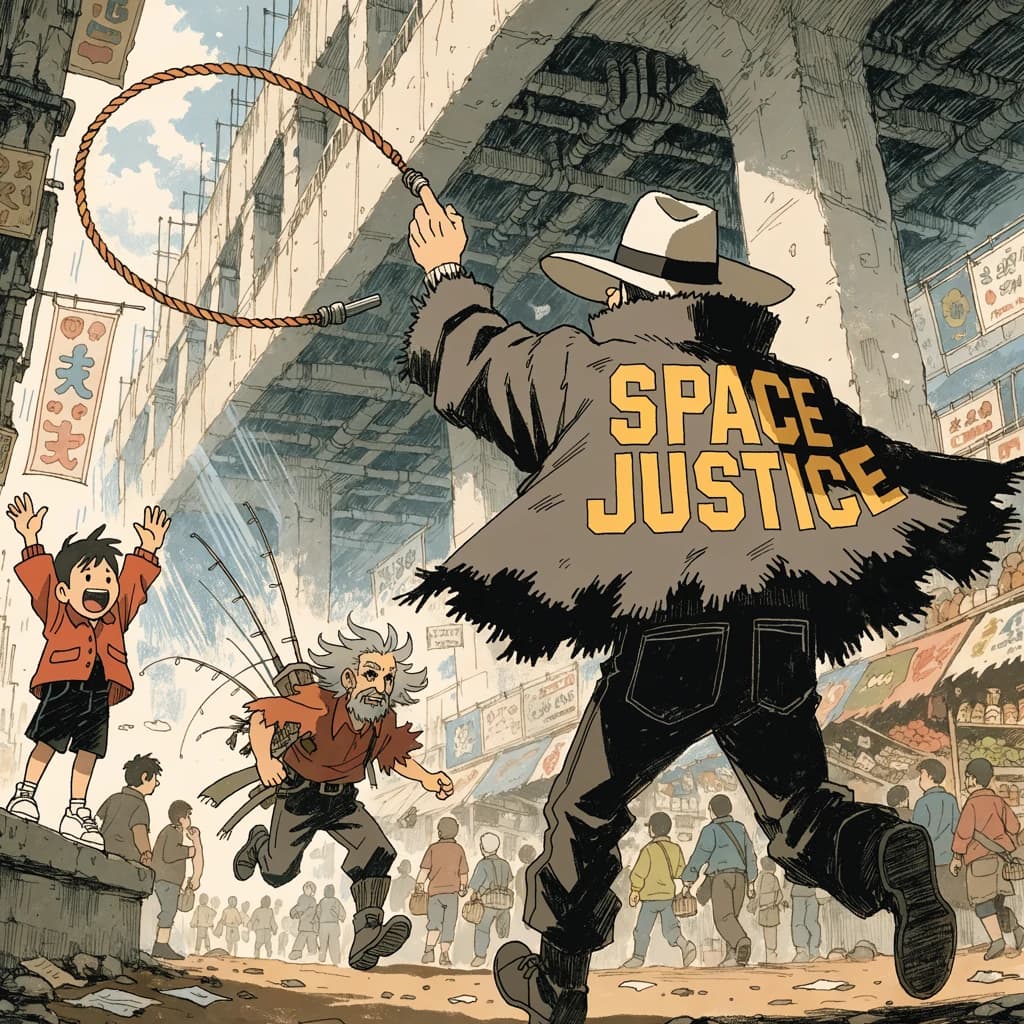 The space cowboy chases the deranged fisherman underneath the causeway, eager to collect on his bounty. Fishing rods and lines hang off the back off the fishermen as he darts between the bustling market crowd. We see the back of the space cowboy in his space poncho emblazoned with the words SPACE JUSTICE, spinning his lasso over his head. A child on the sidelines excitedly cheers the cowboy. 1990s hand drawn anime style with strong fluidity