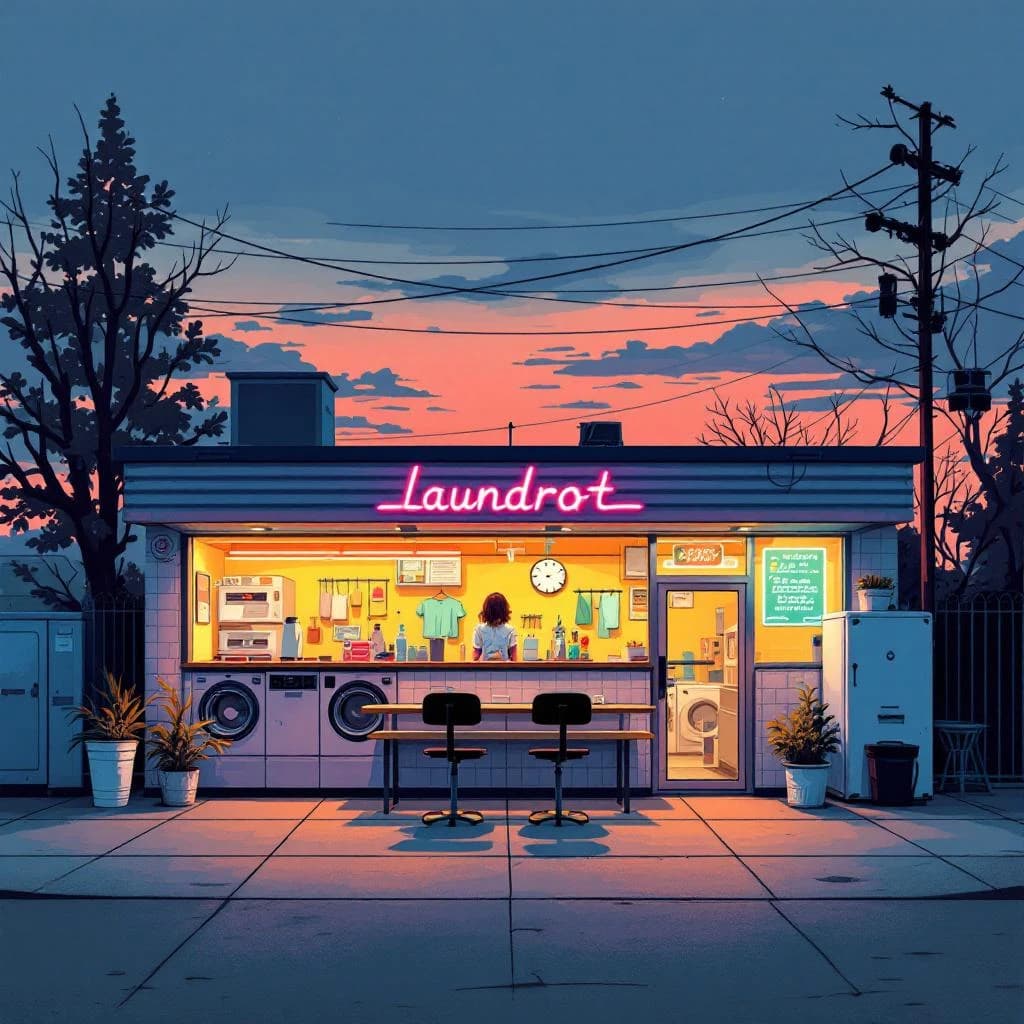 A cozy laundromat at dusk, neon humming, flat colors, bold inked lines.