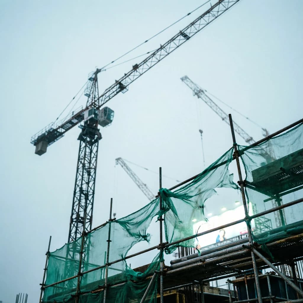 A construction site stretched upward into fog, cranes frozen in silhouette. Wind rattled scaffolding draped with torn mesh that glowed faintly from nearby billboards