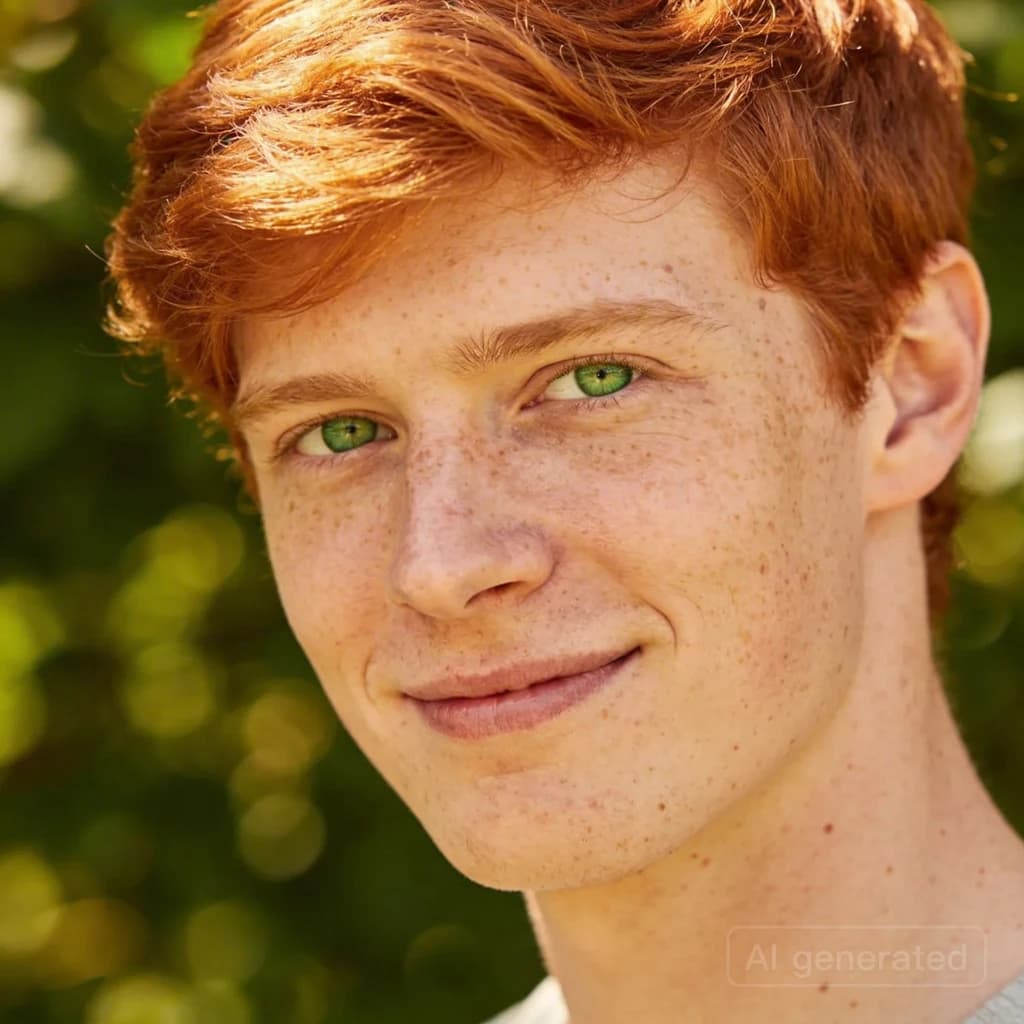 Shoot a natural light headshot of a red-haired man with freckles, green eyes.