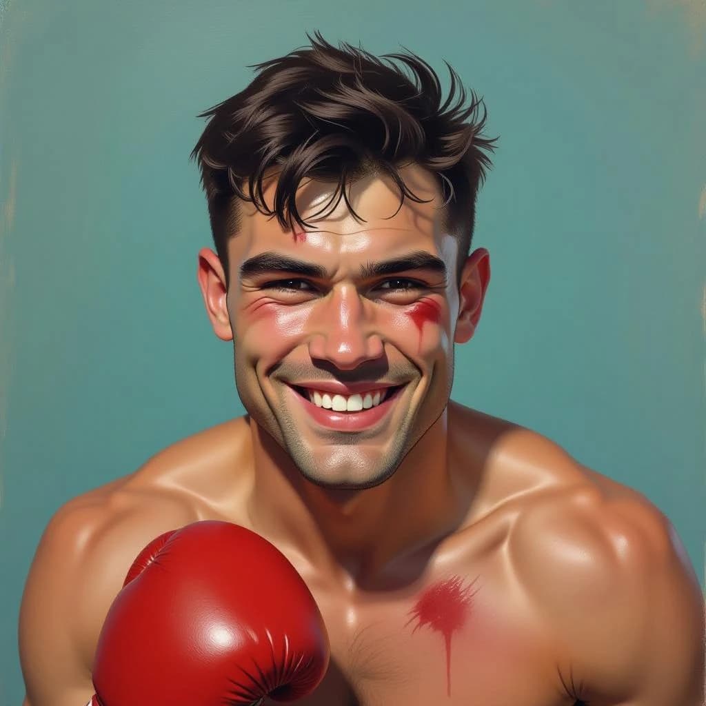 Paint a bruised boxer smiling, serious expression.