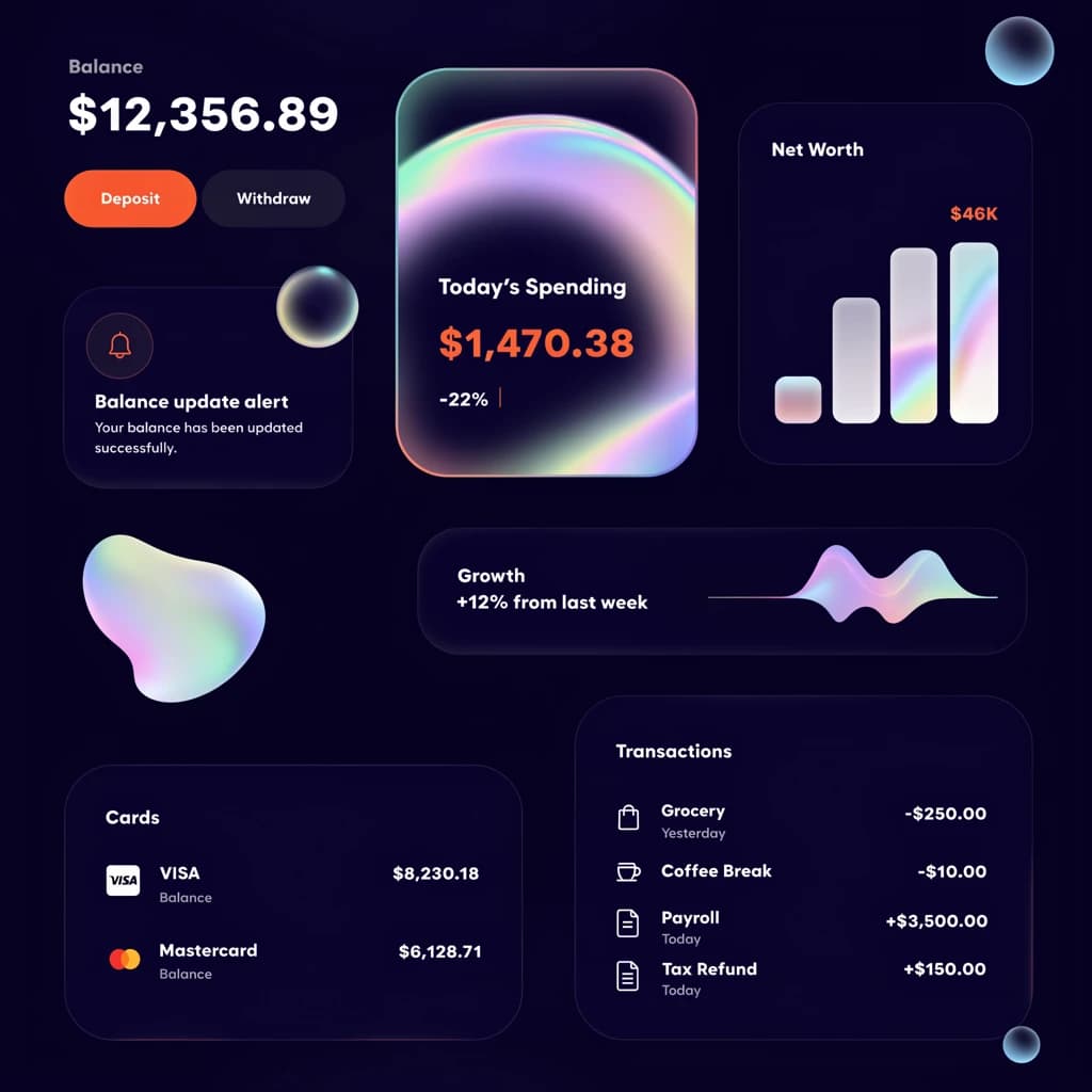 Dark mode banking dashboard with glassmorphism.