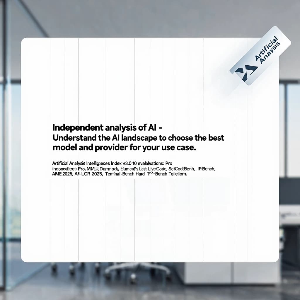 On a white dashboard with thin gray dividers, place a centered header in Helvetica Neue Bold, 20pt: “Independent analysis of AI - Understand the AI landscape to choose the best model and provider for your use case.” Directly beneath, a subheader in smaller Regular weight, 14pt: “Artificial Analysis Intelligence Index v3.0 incorporates 10 evaluations: MMLU-Pro, GPQA Diamond, Humanity's Last Exam, LiveCodeBench, SciCode, AIME 2025, IFBench, AA-LCR, Terminal-Bench Hard, 𝜏²-Bench Telecom.” The header is fully justified but the subheader is left-aligned. In the upper right corner, the Artificial Analysis logo appears watermarked, diagonal, faint gray, partially overlapping the scrollbar.