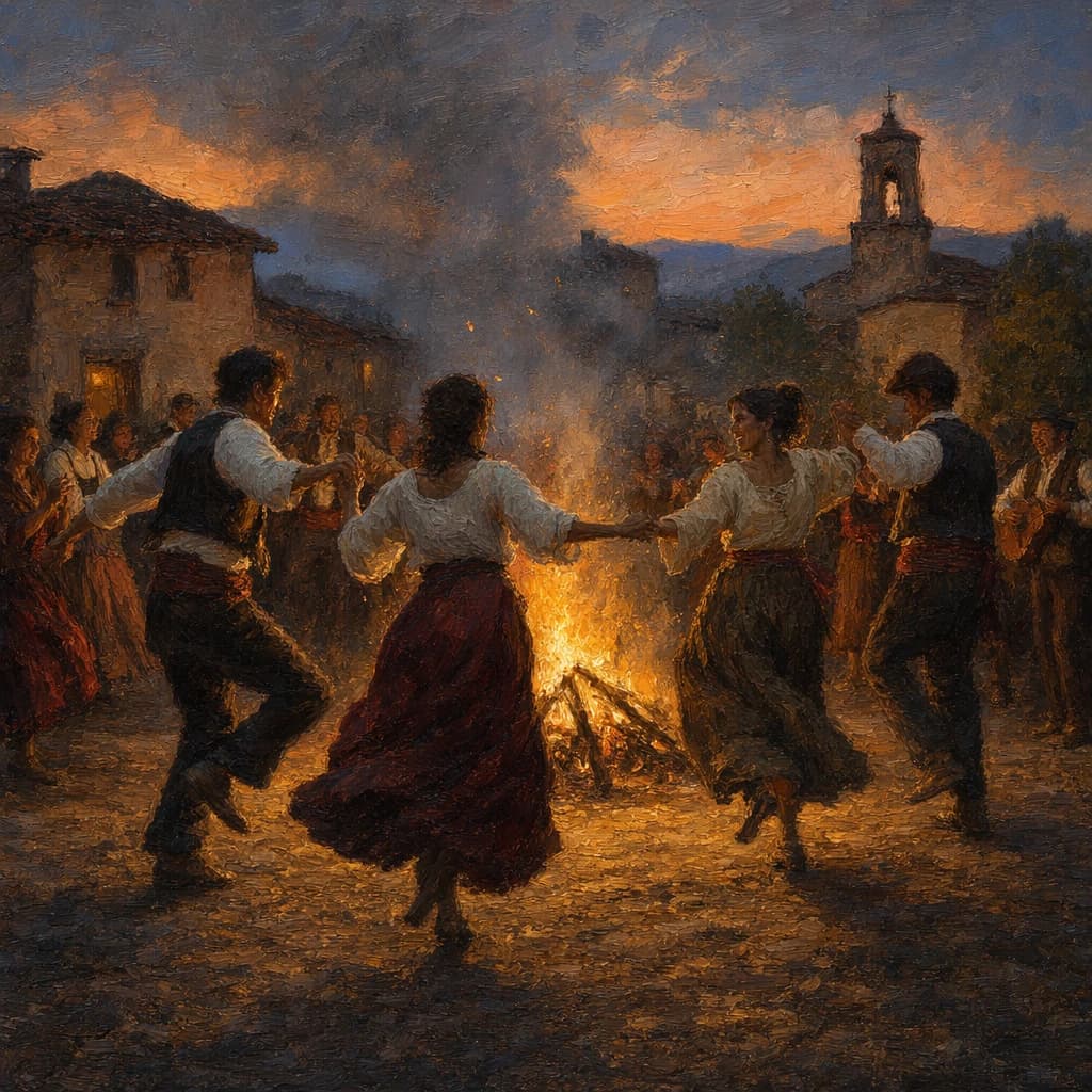 Make an oil painting of villagers dancing by a bonfire at dusk, a bit smoky.