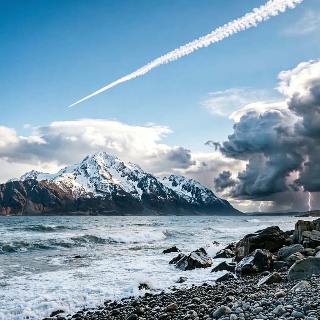 A stunning mountain vista pokes through the cloud top. Contrails from a distant airplane linger in the air. In the foreground there is a stony beach with foamy seas. A thunder storm is visibile in the distant right.