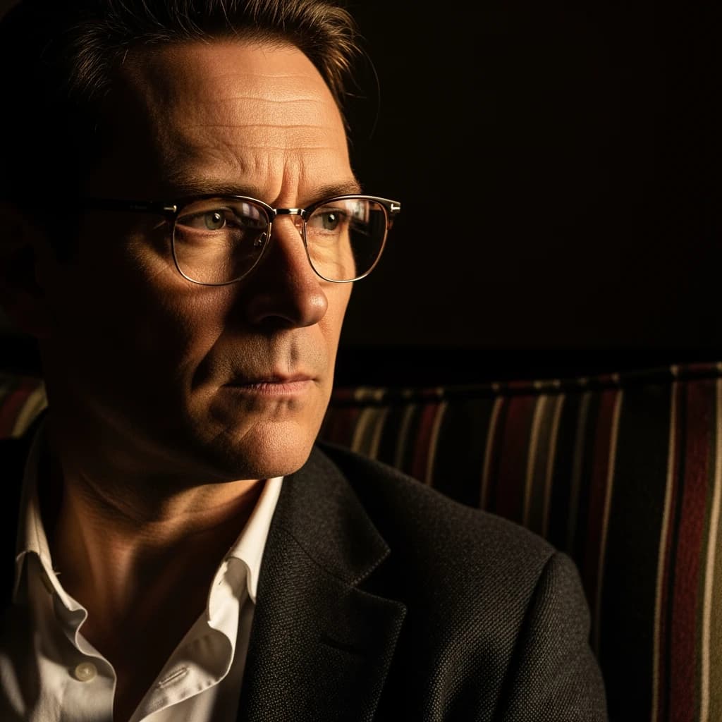 A sharply lit portrait of a middle-aged man wearing thin-rimmed glasses and a dark jacket over a white collared shirt. He gazes intently to the side, his face half illuminated by warm light while the background recedes into deep shadow. The expression is thoughtful, almost wary, as if caught mid-conversation. Behind him, a striped cushion in muted reds and blacks adds subtle texture, contrasting with the crisp highlights on his forehead and glasses. The overall mood is contemplative and cinematic, balancing warmth with tension.