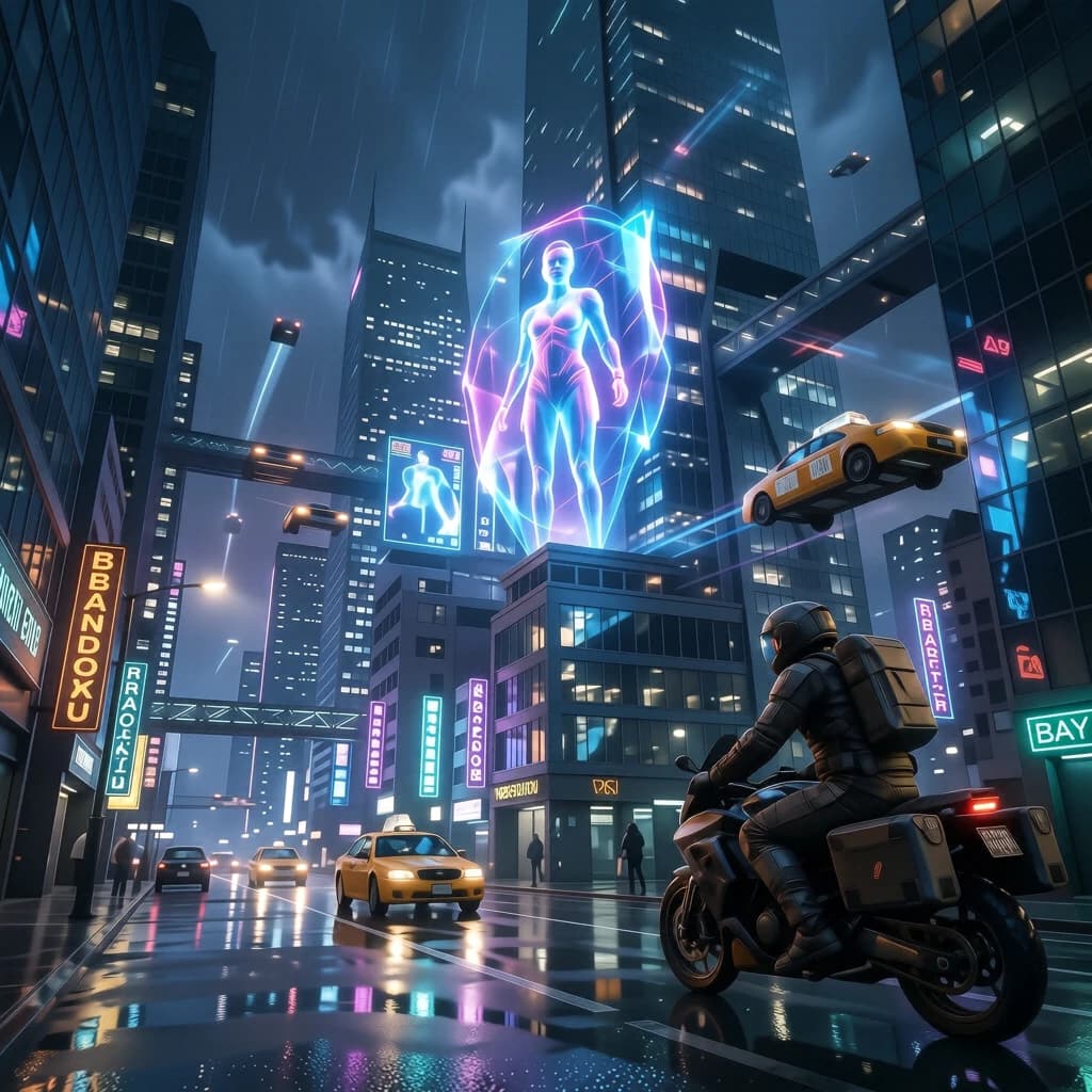 Rain-soaked neon megacity at night, flying taxis weave between glass towers, giant holograms flicker; a lone courier in a matte exosuit, somewhat cinematic wide angle.