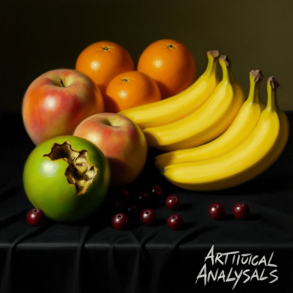 A still life scene painted oil on canvas, comprising various fruits on a black table cloth with striking lighting coming from the right out of frame, creating strong shadows. A bruised green apple is in the foreground, a peach behind it, and behind that a melange of oranges and bananas in various states of ripeness. Berries are strewn in front of the apple. The artist has signed his name "Artificial Analysis" in the bottom right corner in a hurried fashion.