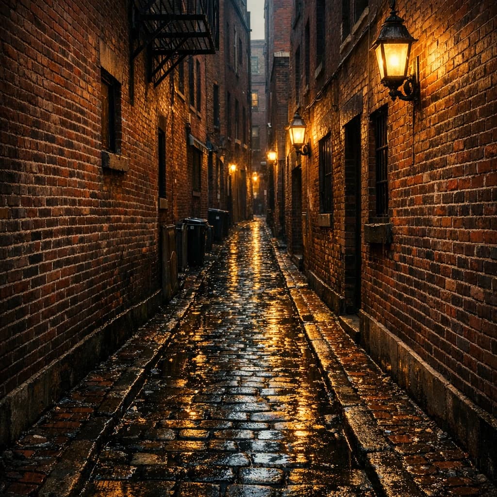 Show a narrow brick alley with wet cobblestones.