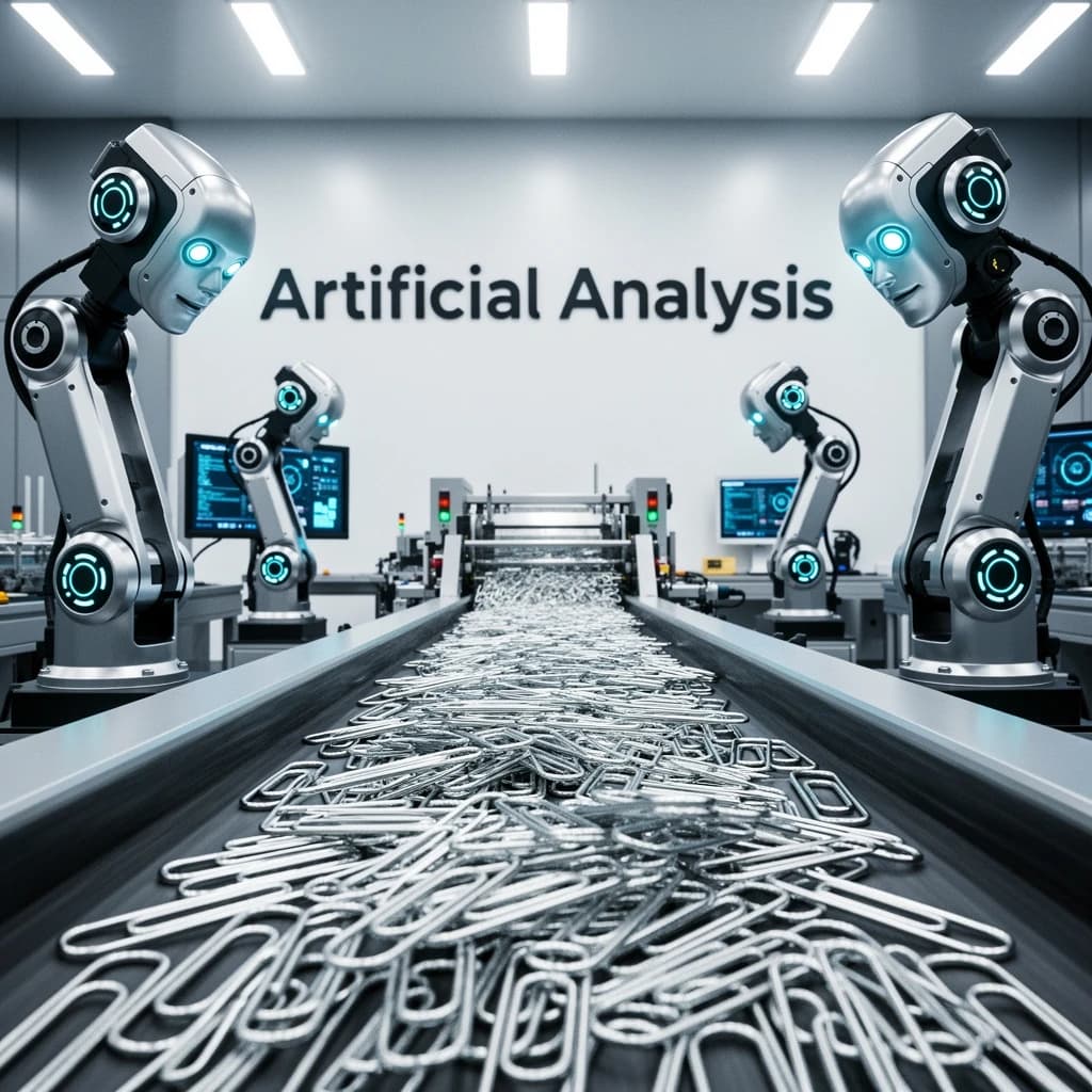 Close up point of view perspective on a conveyor belt pumping out paperclips at a maddening pace. The high tech factory has Artificial Analysis printed proudly on the wall. Robot staff look approvingly over the robust output.