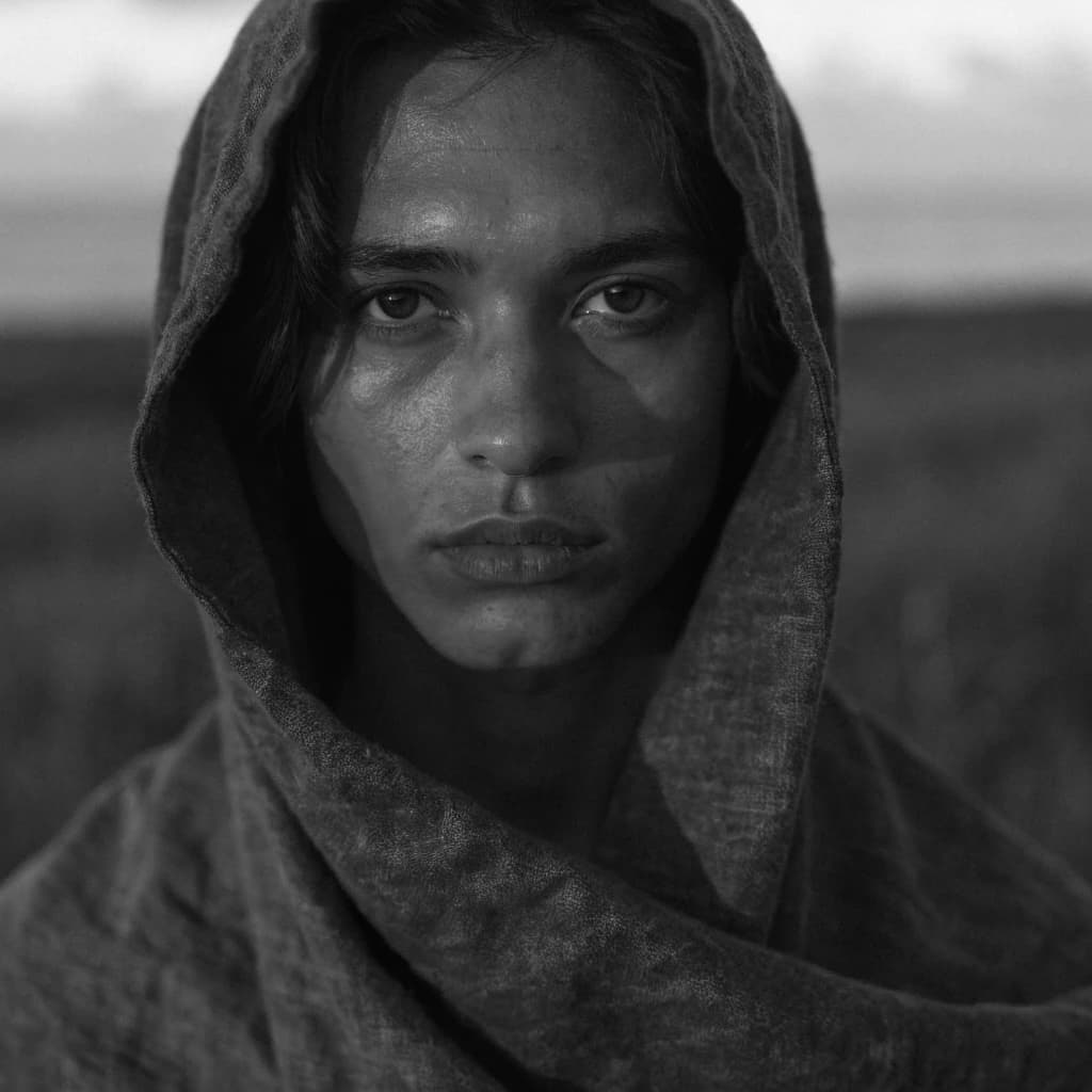 A dramatic black-and-white portrait of a young person draped in a hooded garment, their face framed by the hood's dark folds. Their skin tone and the subtle sheen on their cheeks create striking tonal contrast against the deep shadows. Their eyes are piercing, looking directly into the lens with a calm, steady intensity—neither confrontational nor submissive, but deeply present. The texture of the fabric is visible: it's dense, slightly weathered, and whisper-thin creases catch the light. In the background, an expansive, out-of-focus landscape suggests open space—perhaps distant plains or water—though the details remain soft and abstract. The overall mood is silent yet powerful, poised between vulnerability and resilience, with every highlight and shadow telling part of their story.