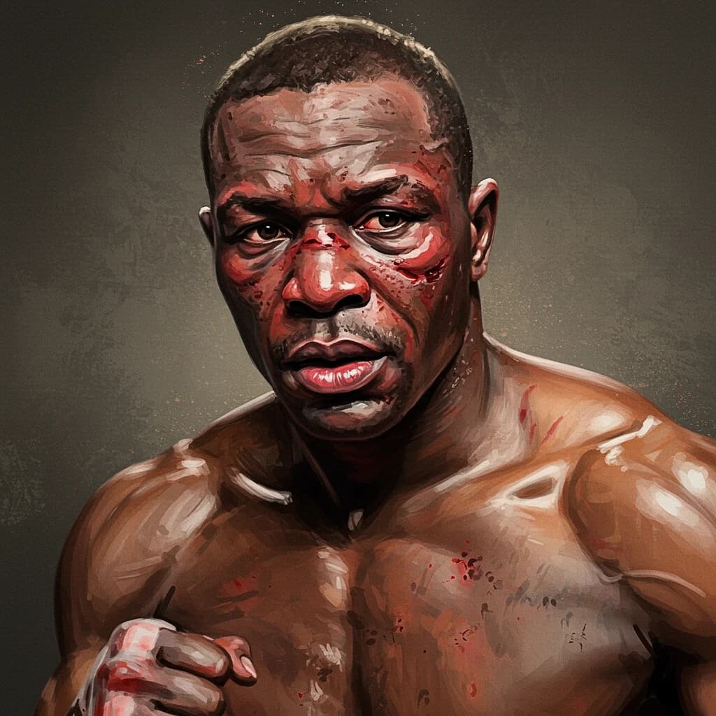 Paint a bruised boxer smiling, serious expression.