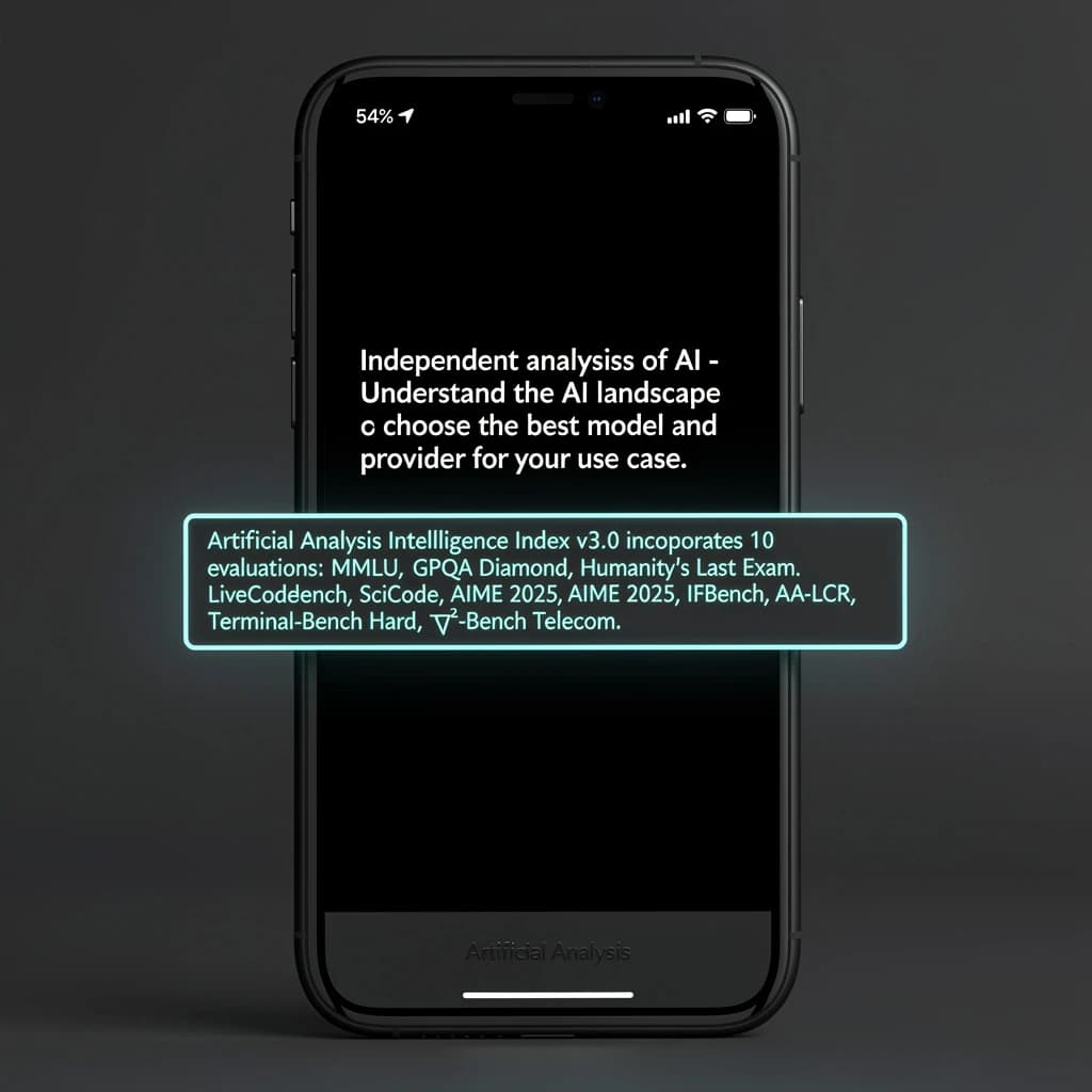 On a black smartphone UI with rounded corners, display a centered text block in white San Francisco font, 16pt: “Independent analysis of AI - Understand the AI landscape to choose the best model and provider for your use case.” Below, in neon cyan, monospace font, smaller size: “Artificial Analysis Intelligence Index v3.0 incorporates 10 evaluations: MMLU-Pro, GPQA Diamond, Humanity's Last Exam, LiveCodeBench, SciCode, AIME 2025, IFBench, AA-LCR, Terminal-Bench Hard, 𝜏²-Bench Telecom.” The second block scrolls horizontally as a ticker. The battery icon in the status bar shows 54%. The Artificial Analysis logo appears faintly, embossed into the bottom navigation bar.