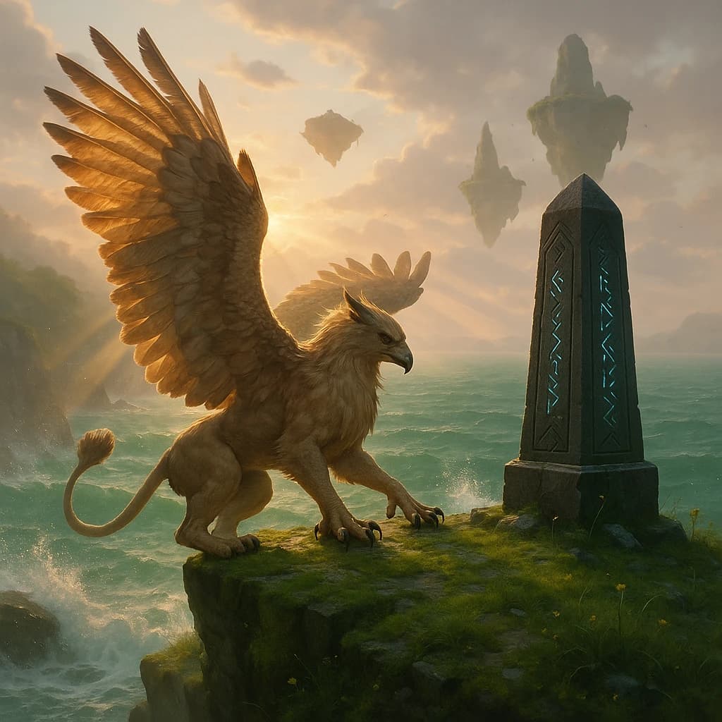 At dawn, a winged griffin lands on a mossy cliff above a jade sea beside a runed obelisk; floating isles drift under golden sunbeams, with a bit of sea spray and glowing runes.