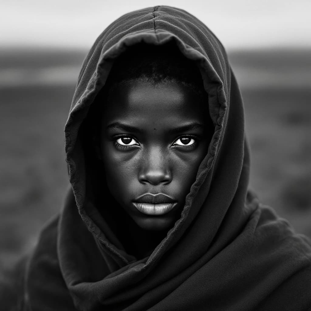 A dramatic black-and-white portrait of a young person draped in a hooded garment, their face framed by the hood's dark folds. Their skin tone and the subtle sheen on their cheeks create striking tonal contrast against the deep shadows. Their eyes are piercing, looking directly into the lens with a calm, steady intensity—neither confrontational nor submissive, but deeply present. The texture of the fabric is visible: it's dense, slightly weathered, and whisper-thin creases catch the light. In the background, an expansive, out-of-focus landscape suggests open space—perhaps distant plains or water—though the details remain soft and abstract. The overall mood is silent yet powerful, poised between vulnerability and resilience, with every highlight and shadow telling part of their story.