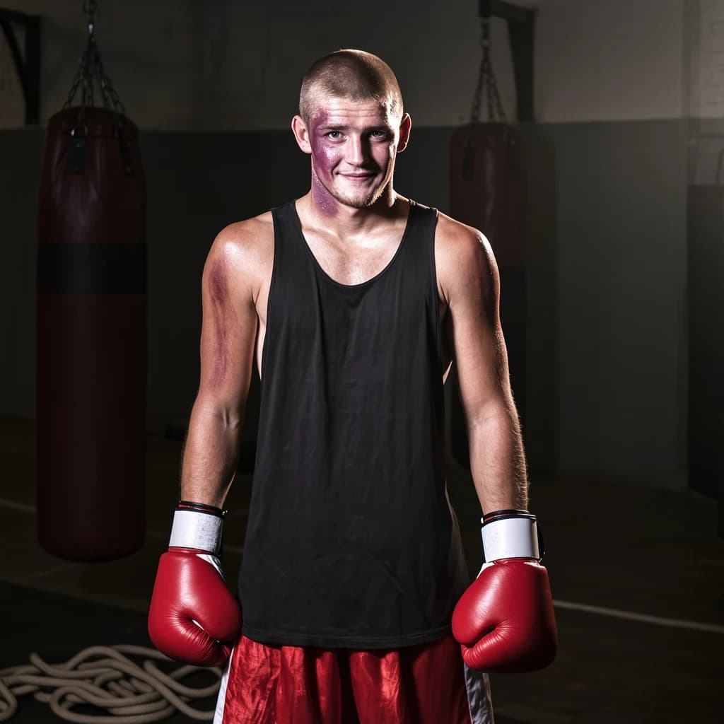 Paint a bruised boxer smiling, serious expression.