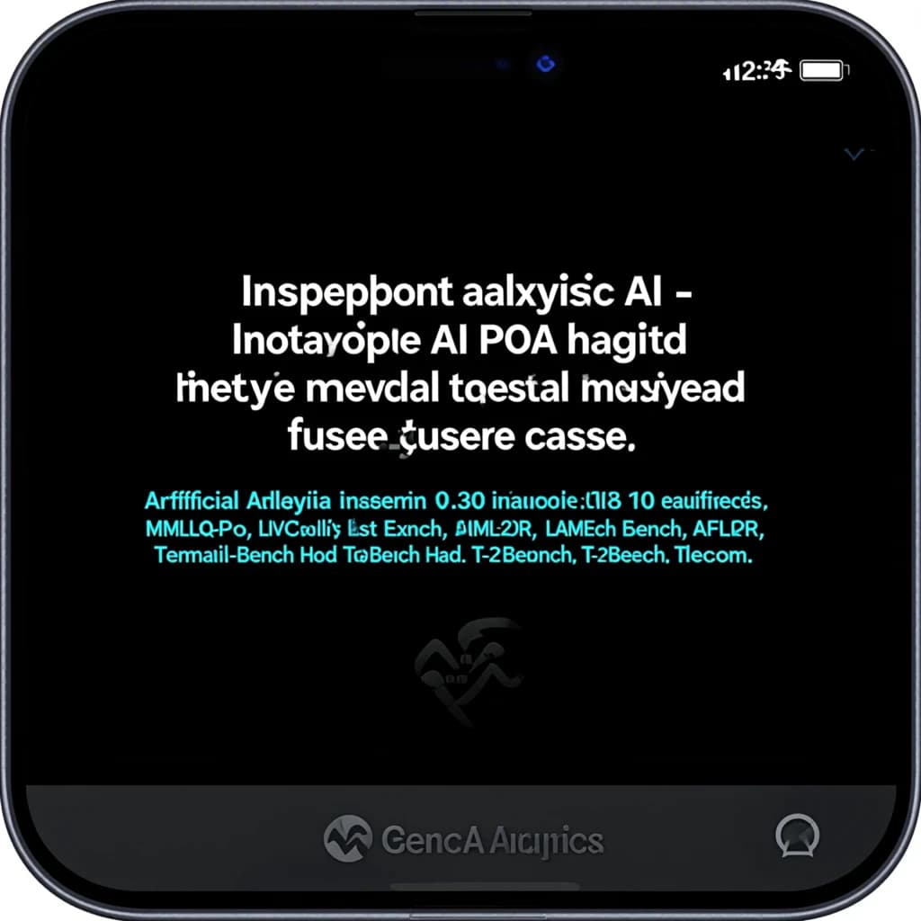 On a black smartphone UI with rounded corners, display a centered text block in white San Francisco font, 16pt: “Independent analysis of AI - Understand the AI landscape to choose the best model and provider for your use case.” Below, in neon cyan, monospace font, smaller size: “Artificial Analysis Intelligence Index v3.0 incorporates 10 evaluations: MMLU-Pro, GPQA Diamond, Humanity's Last Exam, LiveCodeBench, SciCode, AIME 2025, IFBench, AA-LCR, Terminal-Bench Hard, 𝜏²-Bench Telecom.” The second block scrolls horizontally as a ticker. The battery icon in the status bar shows 54%. The Artificial Analysis logo appears faintly, embossed into the bottom navigation bar.