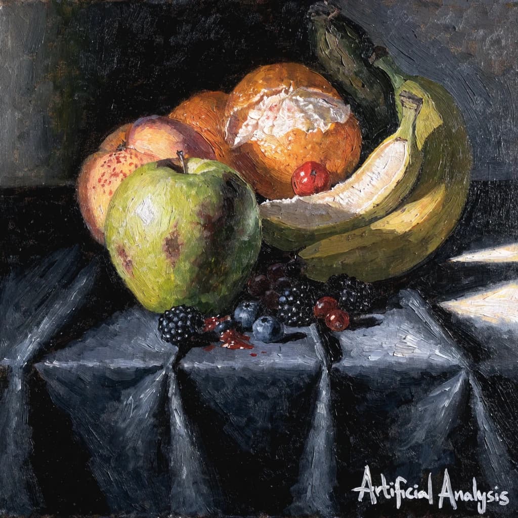A still life scene painted oil on canvas, comprising various fruits on a black table cloth with striking lighting coming from the right out of frame, creating strong shadows. A bruised green apple is in the foreground, a peach behind it, and behind that a melange of oranges and bananas in various states of ripeness. Berries are strewn in front of the apple. The artist has signed his name "Artificial Analysis" in the bottom right corner in a hurried fashion.